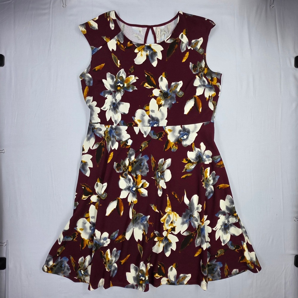 Gilli Burgundy Floral Sleeveless Fit and Flare Dress Keyhole Back Made in USA